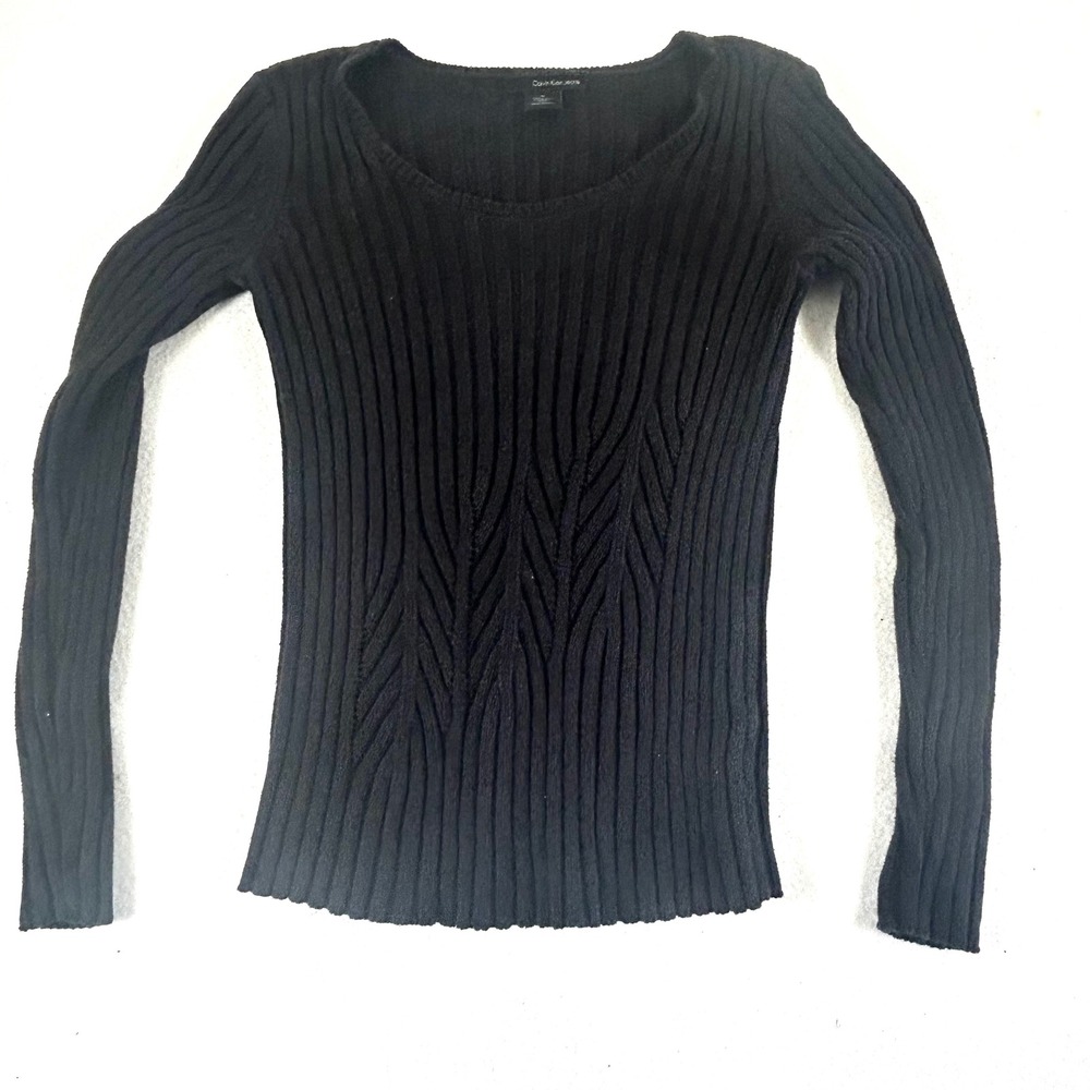 Calvin Klein Jeans Womens Black Ribbed Chevron Knit Scoop Neck Sweater Size M